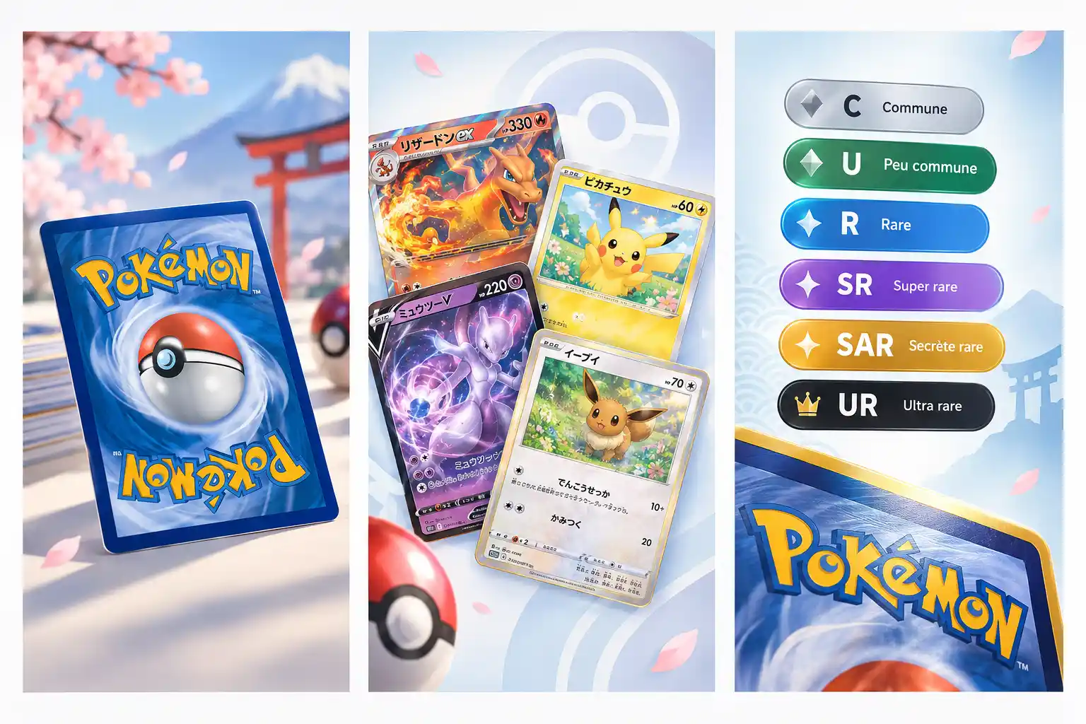 Cartes Pokémon ex japonaises : dos de carte, cartes illustrées et codes de rareté