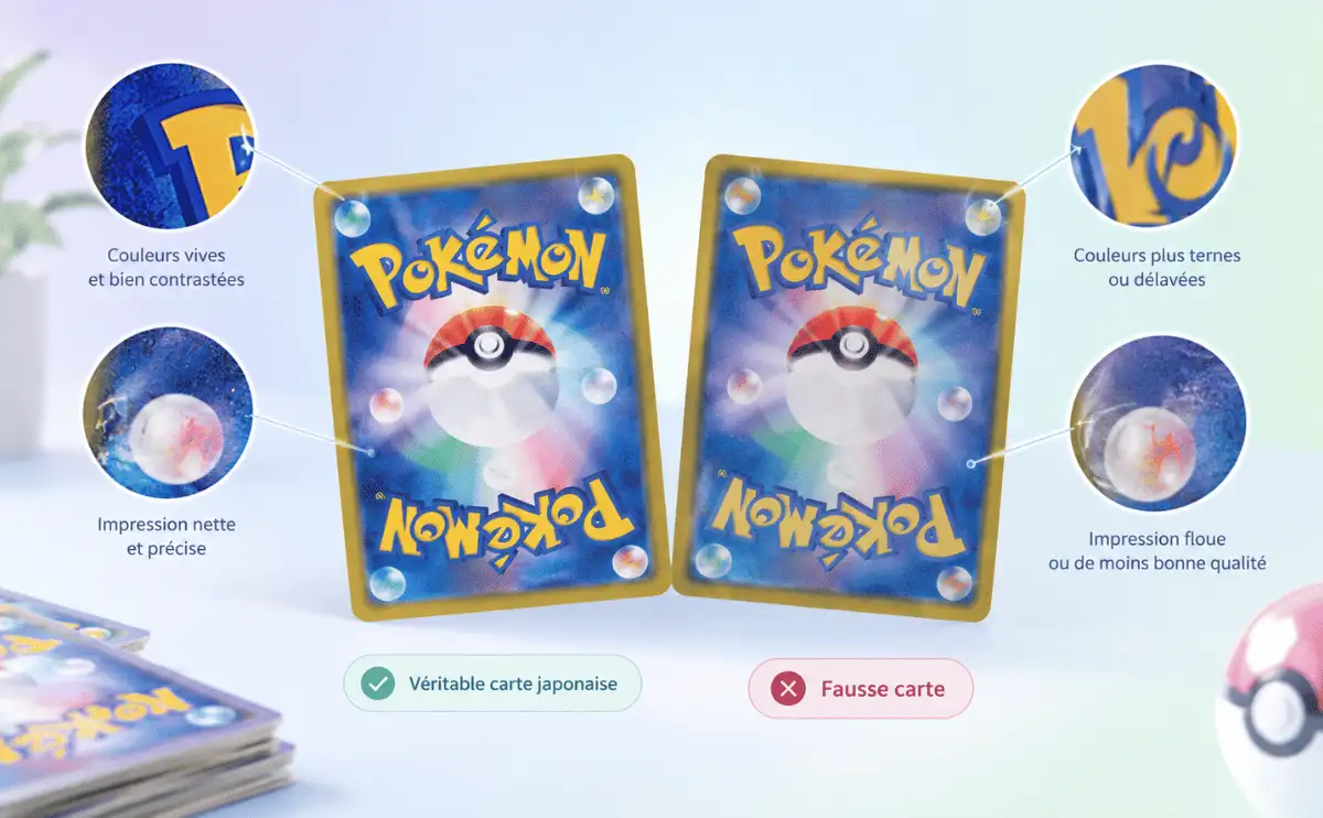 Comparaison du dos d'une véritable carte Pokémon japonaise et d'une fausse carte : couleurs vives et impression nette contre couleurs ternes et impression floue